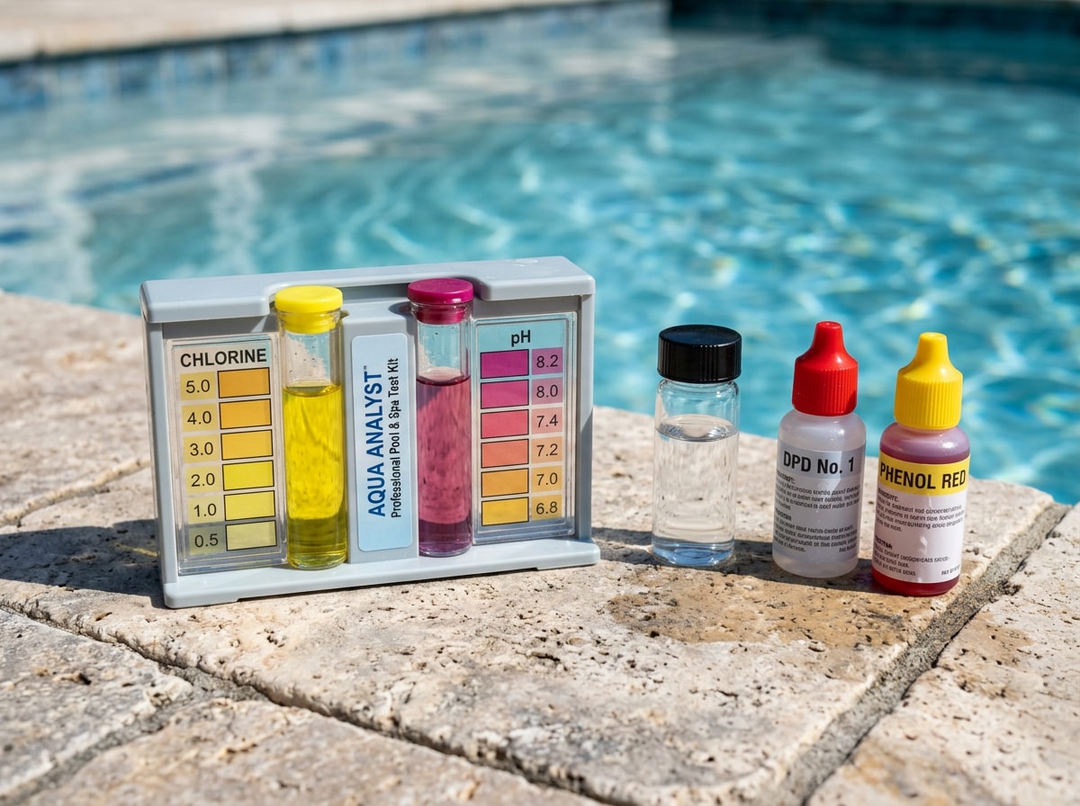 Pool water test kit with color-matching chart on a sunny pool deck