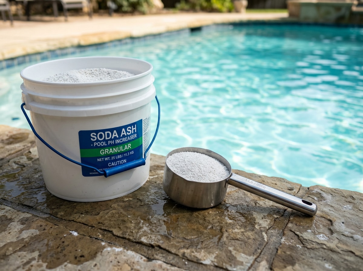 Bag of pool-grade soda ash with a measuring scoop beside clear pool water