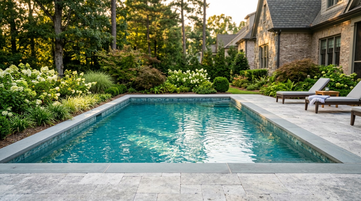 Clear blue backyard swimming pool with balanced water chemistry in Alpharetta, GA