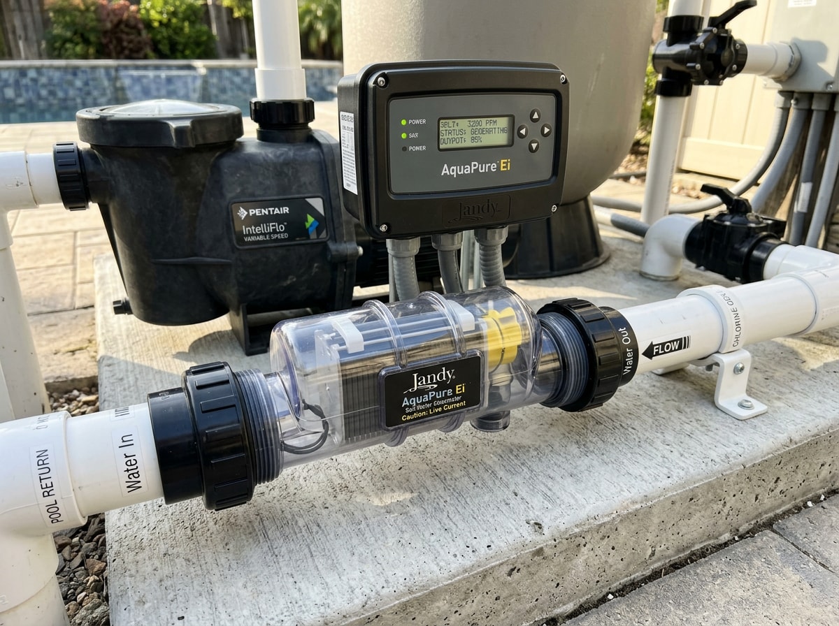 Salt cell and control box mounted on a residential pool equipment pad in Gainesville, GA