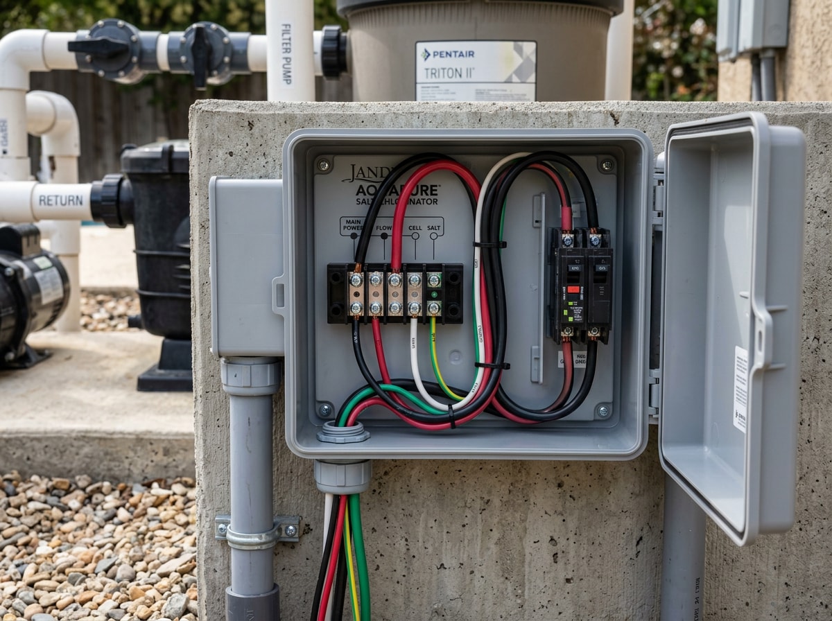 Pool service technician wiring a salt chlorinator control box at a Gainesville home