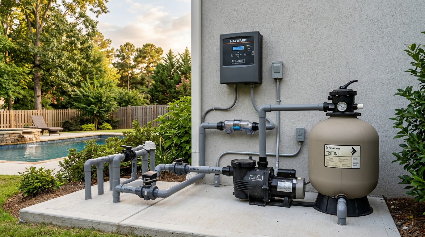 Residential salt water pool chlorinator equipment installed on a pool pad in Gainesville, GA