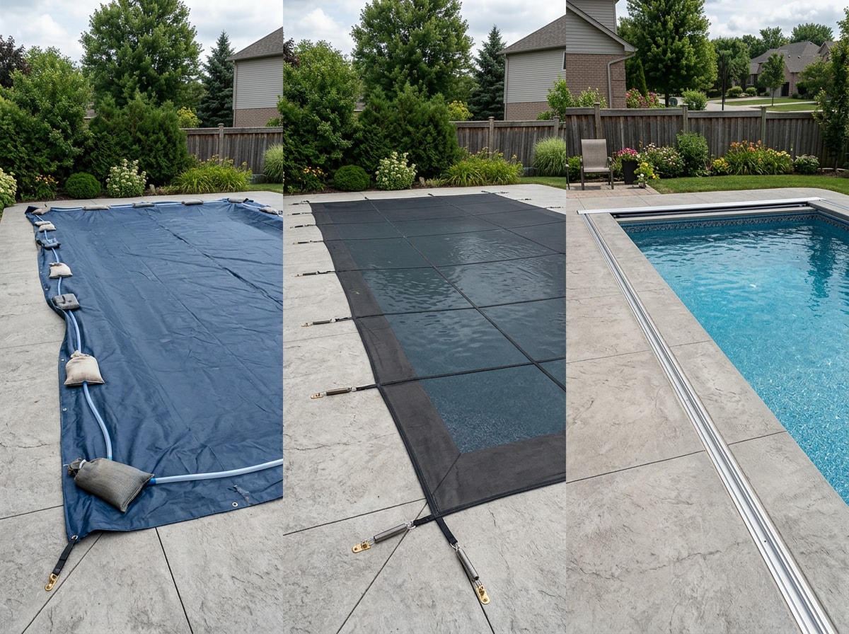 Side-by-side comparison of winter, security, and automatic pool covers