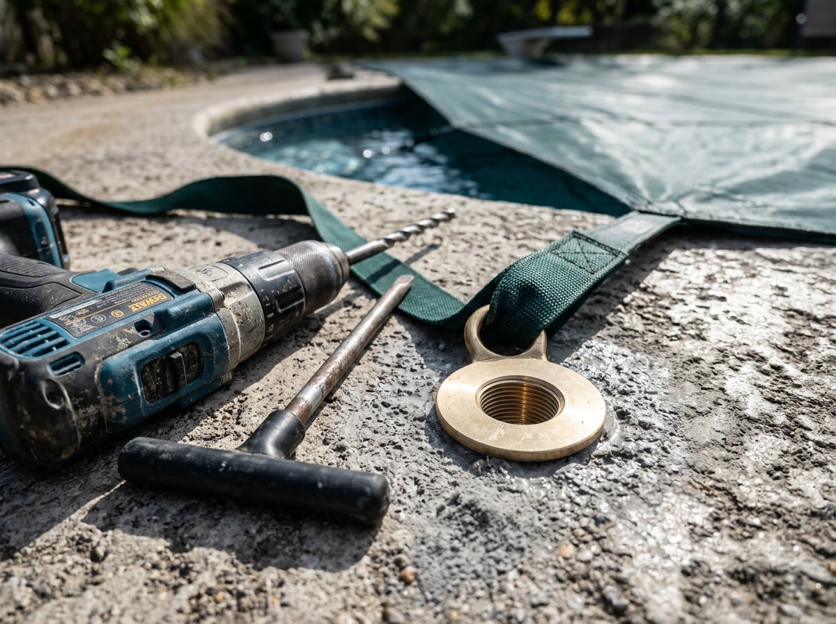 Close-up of a pool cover anchor being professionally installed into a deck
