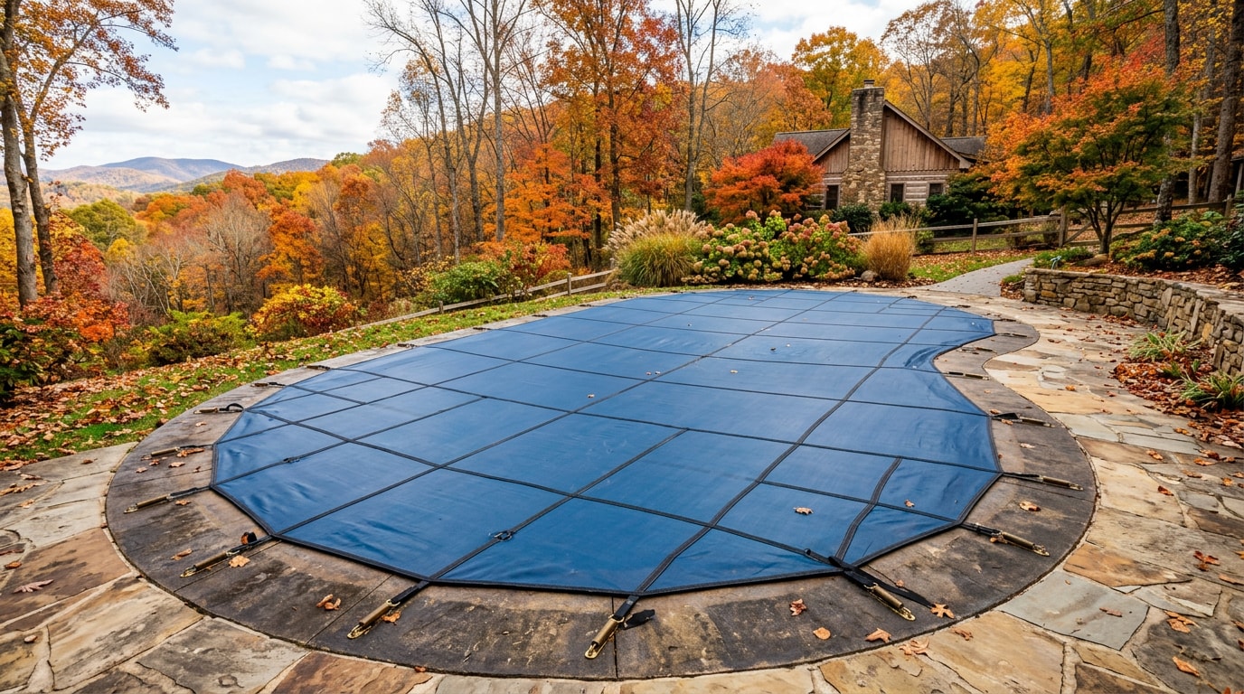 Inground pool with a professionally installed mesh safety cover in a North Georgia backyard