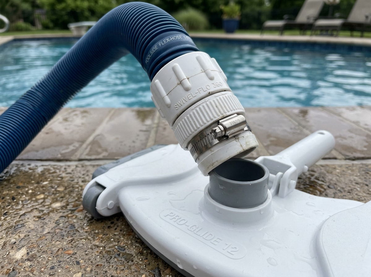 Pool vacuum head hose connected to a telescopic pole with a swivel connector fitting