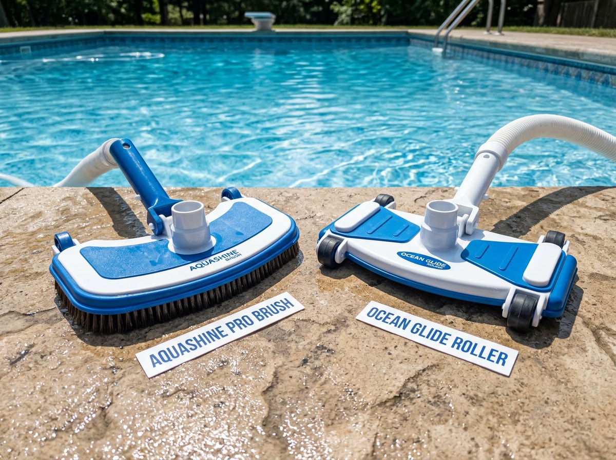 Side-by-side comparison of a brush-style pool vacuum head and a wheel-style pool vacuum head