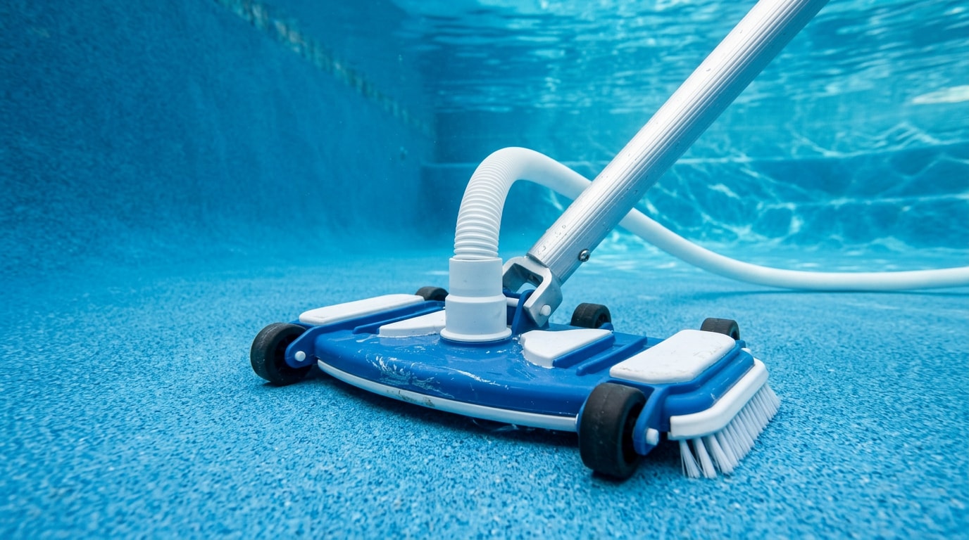 Weighted swimming pool vacuum head attached to a telescopic pole at the bottom of an in-ground pool Weighted swimming pool vacuum head attached to a telescopic pole at the bottom of an in-ground pool