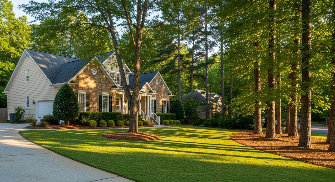 A well-maintained Dawsonville home with a manicured front yard and driveway, surrounded by mature trees typical of North Georgia residential properties.