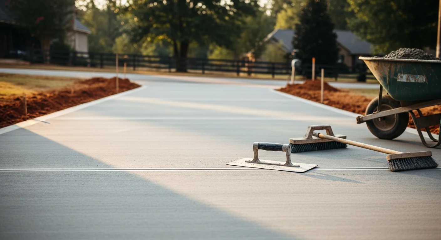 A freshly poured and finished concrete driveway at a single-family home in Dawsonville, Georgia. The surface shows clean broom-finish texture with visible control joints running across the slab.