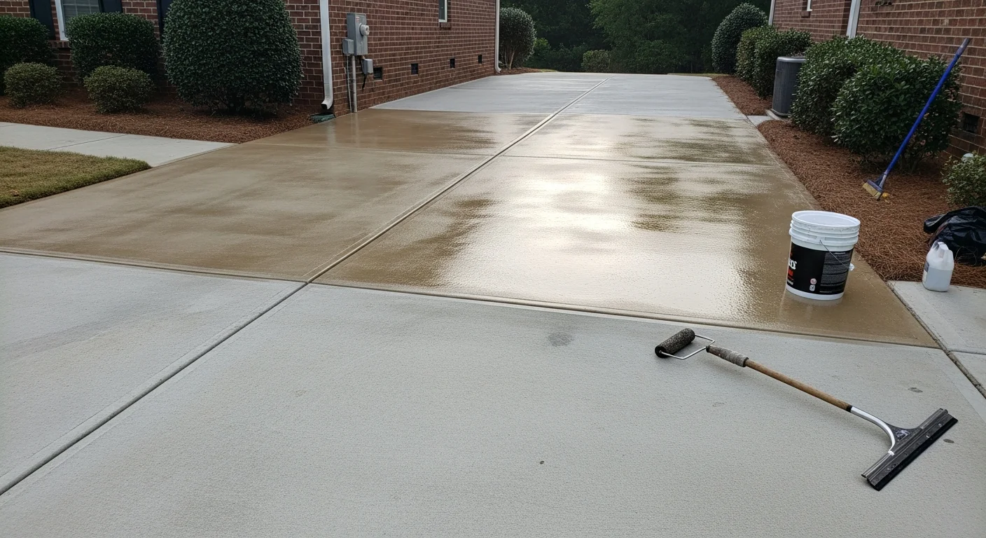 A freshly sealed residential concrete driveway in Dawsonville, GA, showing a smooth, even surface with a clean finish in front of a single-family home. The sealed slab reflects light evenly with no visible staining, cracking, or surface erosion.