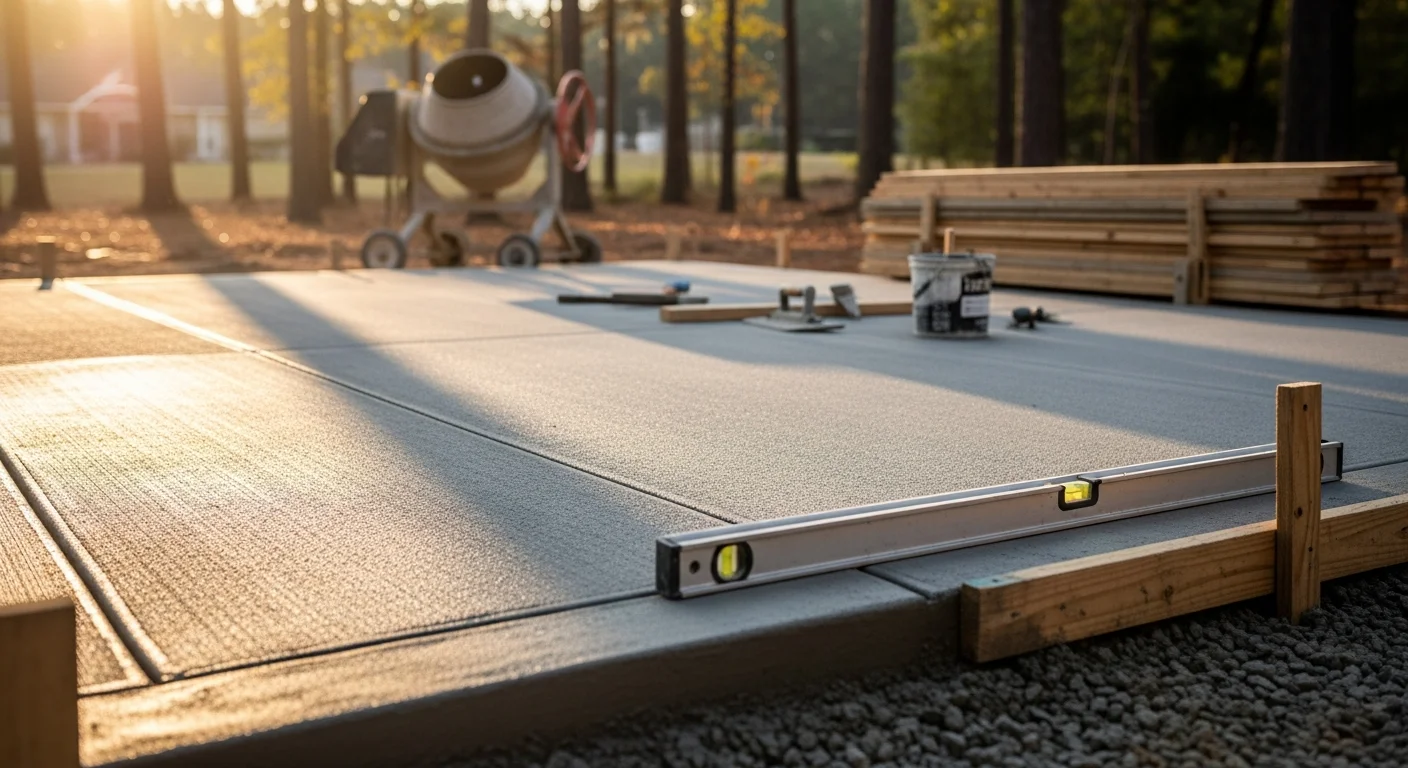 A freshly poured and broom-finished concrete patio behind a single-family home in Dawsonville, Georgia. The slab extends from the back door across a level yard with North Georgia tree cover visible in the background.