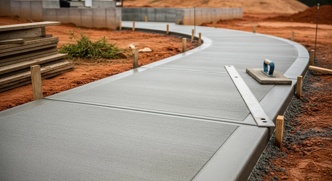 A freshly poured concrete walkway leading from the driveway to the front entry of a single-family home in Dawsonville, Georgia. The smooth gray surface is edged cleanly against a green lawn with a wooded backdrop.