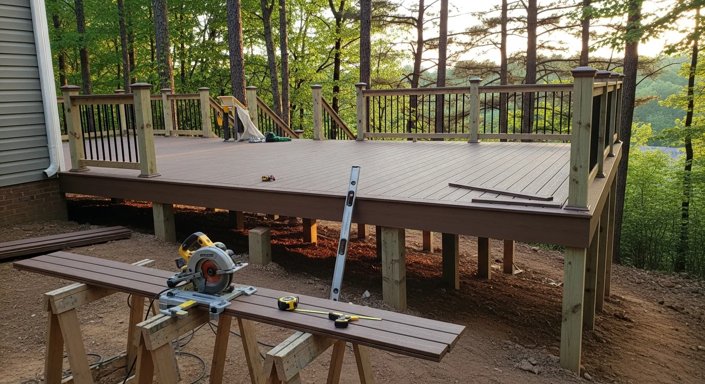 A newly installed custom wood deck attached to the back of a residential home in Dawsonville, Georgia, with multi-level framing built to accommodate a sloped backyard lot. The finished deck includes railing on all open sides and a clear view of the surrounding North Georgia tree line.