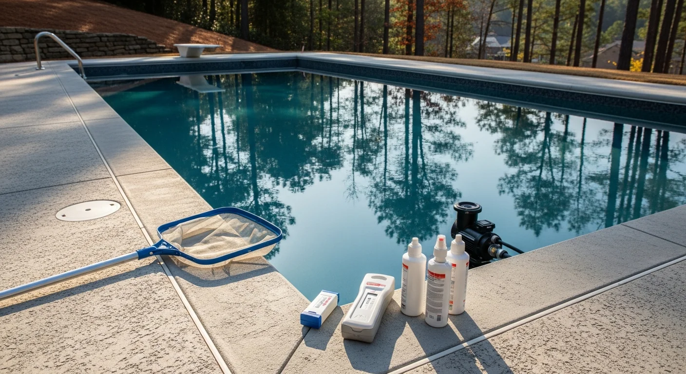 A finished custom in-ground pool in a Dawsonville backyard with a terraced deck built into a sloped North Georgia lot. The pool features a sun shelf and integrated spa surrounded by slip-resistant pavers and natural landscaping.