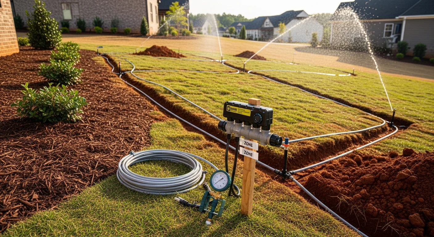 Newly installed in-ground irrigation system with pop-up sprinkler heads watering a green residential lawn in Dawsonville, Georgia. A landscape contractor adjusts a zone valve box set flush with the turf near a planting bed.