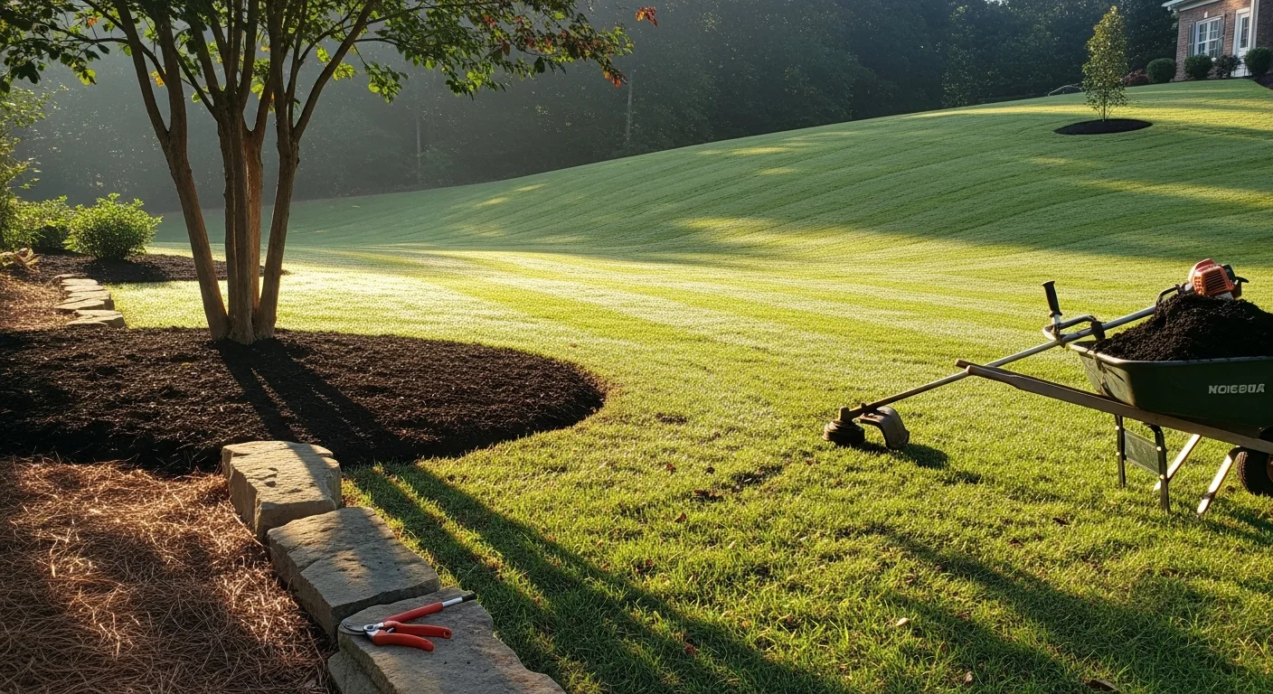 A well-maintained residential lawn in Dawsonville, GA with neatly edged turf, trimmed shrubs, and clean mulched garden beds. A landscape contractor from Southern Life LLC services the property on a clear North Georgia day.