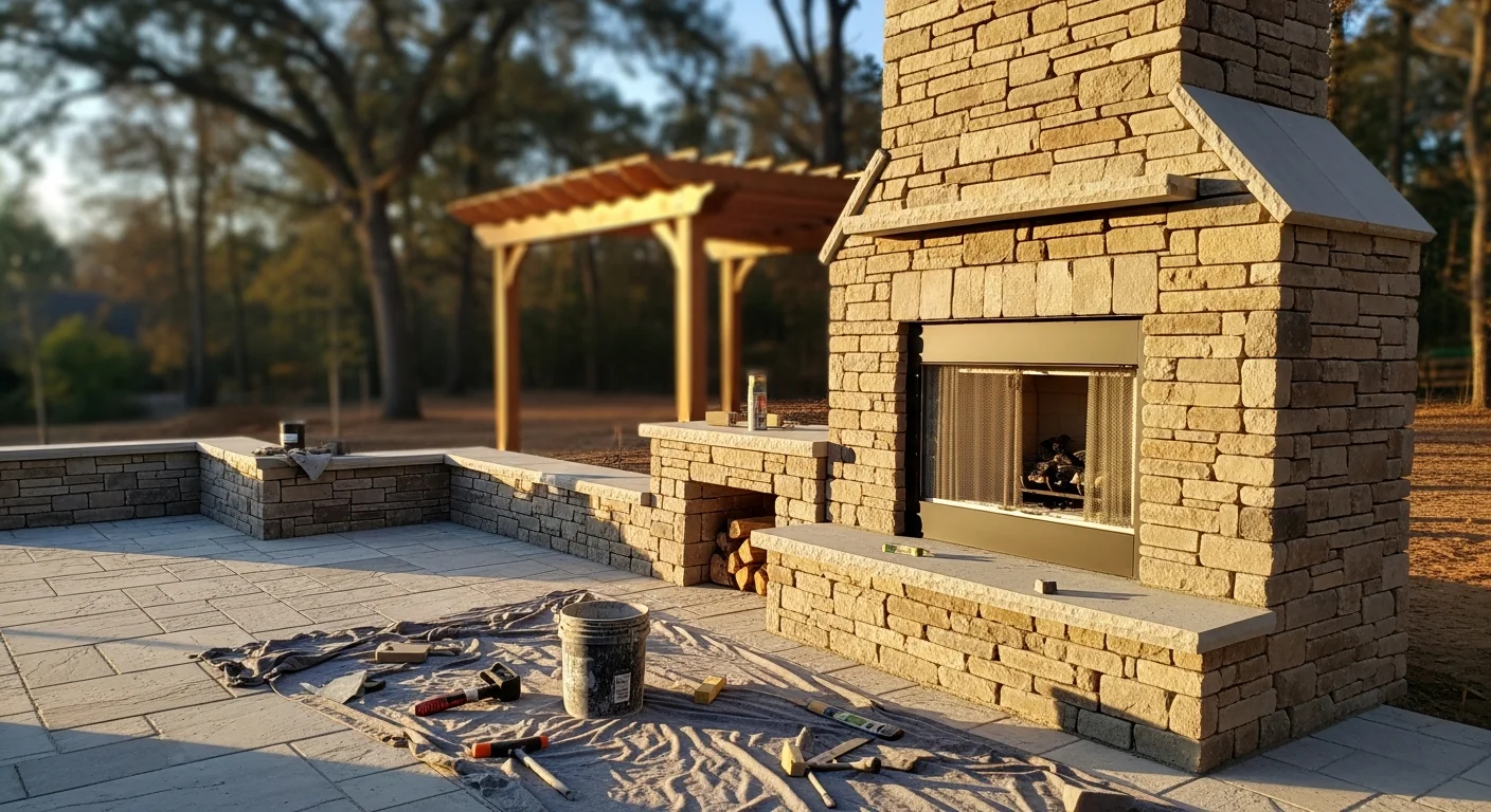 A custom stone outdoor fireplace installed in a Dawsonville, Georgia backyard, surrounded by a finished patio and open seating area. The fire feature is set away from the tree line with a clear view of the North Georgia landscape.