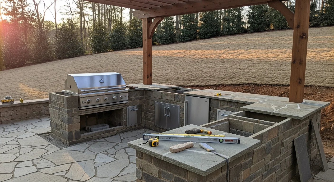 A completed outdoor kitchen installation in a Dawsonville, Georgia backyard, showing a stone-framed cooking structure with exterior-rated countertops and overhead coverage. The build sits on a prepared patio surface with grading that directs water away from the structure.