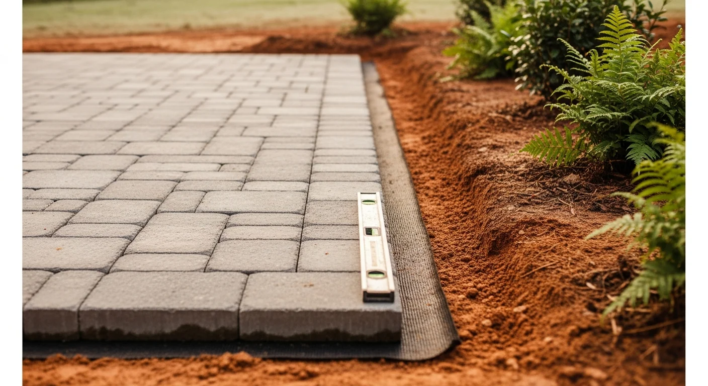 A finished paver patio with a built-in fire pit area installed by Southern Life LLC in a Dawsonville, Georgia backyard. The surface is level and bordered by a low retaining wall on a gently sloped North Georgia lot.