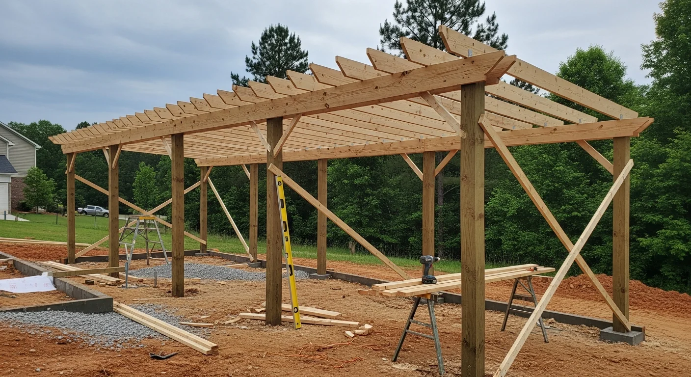 A custom wood-framed pavilion with a solid roof built on a sloped residential backyard in Dawsonville, Georgia. The structure sits adjacent to a rear patio with a view of a tree-lined North Georgia lot.