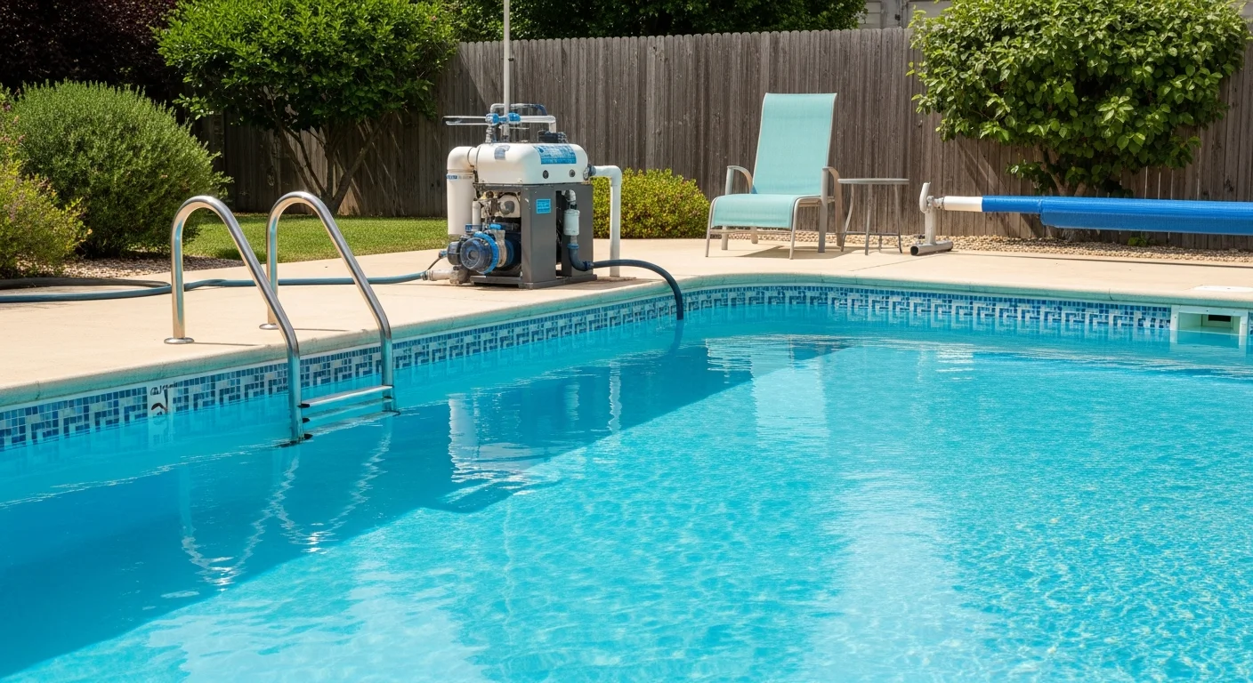 A clean, clear backyard pool with a small attached spa on a residential property in Dawsonville, Georgia, surrounded by mature trees. A service technician tests the water chemistry poolside during a routine maintenance visit.