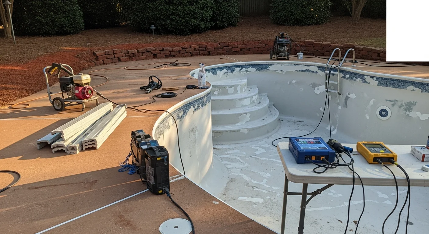 A resurfaced in-ground pool with repaired coping and clean tile in a Dawsonville, Georgia backyard. The pool deck shows fresh concrete work alongside a wooded North Georgia yard.