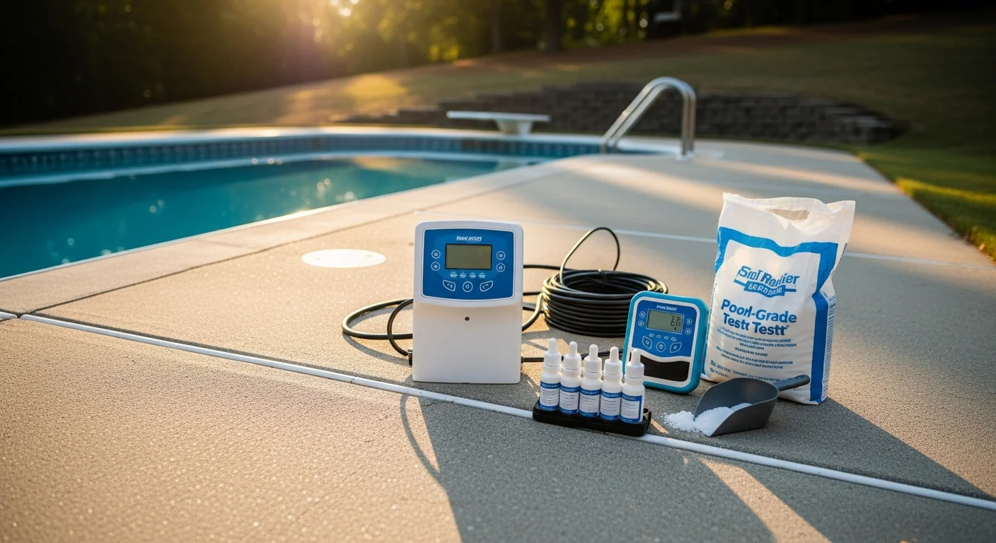 A clear backyard pool in Dawsonville, Georgia, with a newly installed saltwater chlorine generator and control panel mounted on the equipment pad. The pool water is calm and blue against a backdrop of North Georgia tree cover.