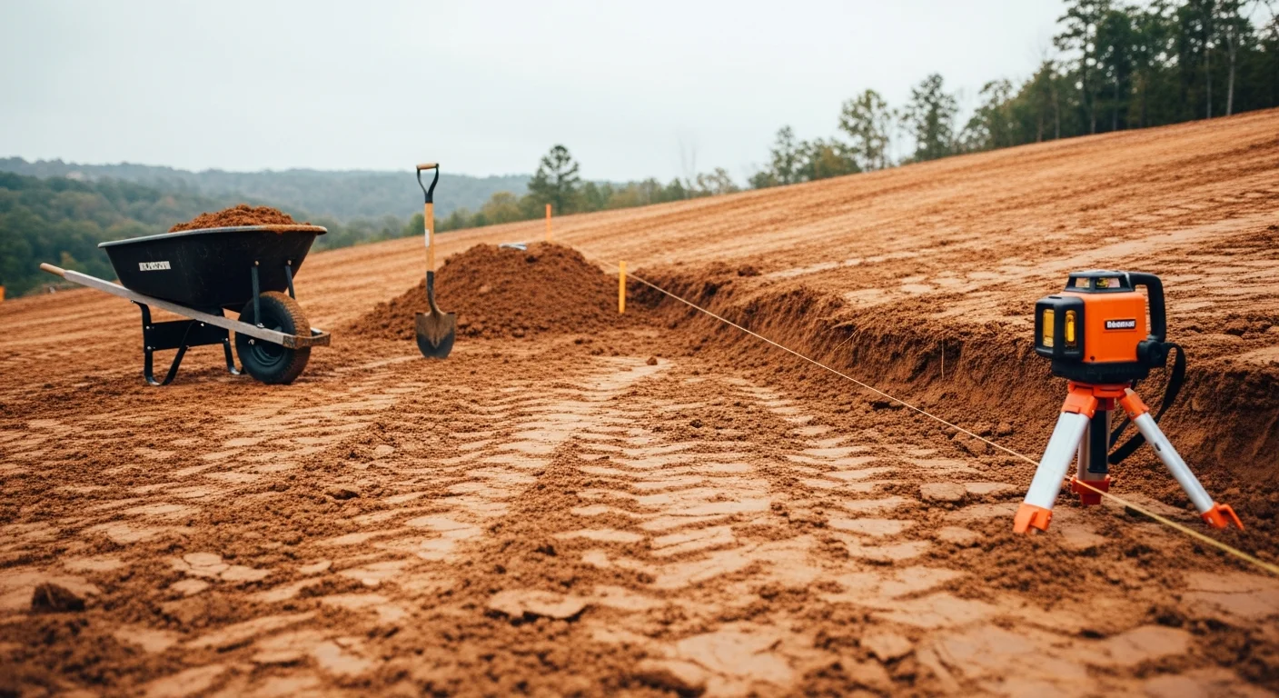 A graded residential lot in Dawsonville, Georgia showing freshly shaped soil with a smooth slope angled away from a home's foundation. The cleared and leveled ground is ready for landscape installation on a North Georgia foothills property.