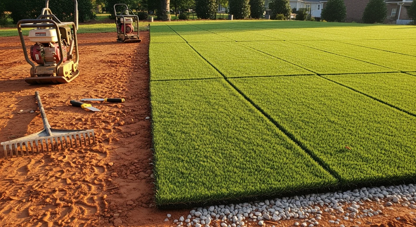 Freshly installed synthetic turf covering a residential backyard in Dawsonville, Georgia, with clean edges, uniform green color, and no visible seams. The lawn borders a wood fence on a clear day, showing the finished surface ready for use.